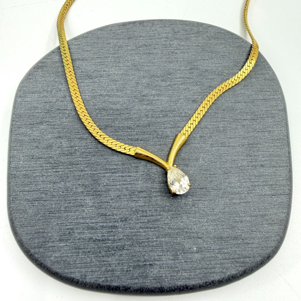 Elegant Gold Tone V-Neck Herringbone Chain Necklace with Teardrop Stone Pendant